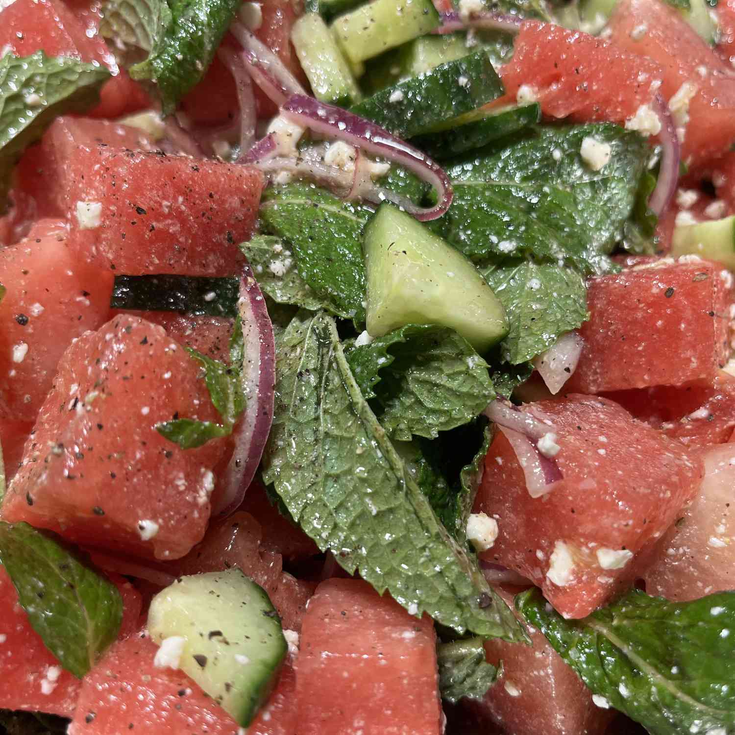 Close-up of watermelon salad with cubed watermelon, whole mint leaves, sliced red onion, and chopped cucumber